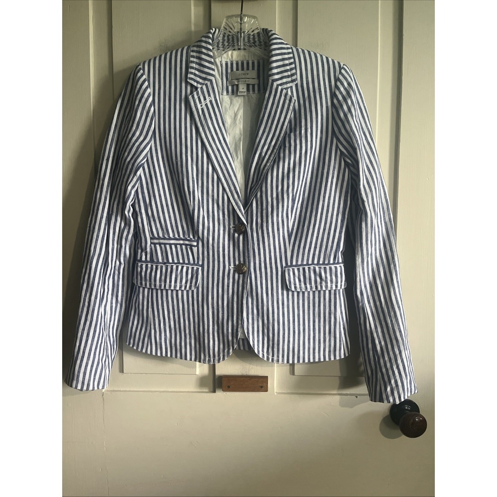 J Crew Schoolboy Blazer Womens 0 Blue Stripe Linen Preppy Academia Timeless